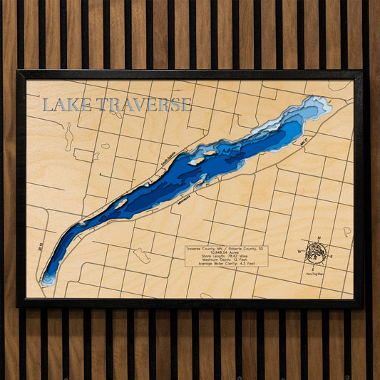 Lake Traverse in Traverse County, MN and Roberts County, SD 3D depth map, laser cut from high-quality wood.