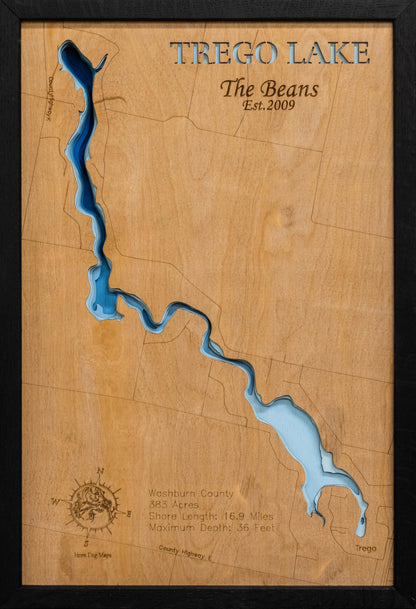 Precision-cut wooden map of Trego Lake in Washburn County, WI, perfect for unique decor.