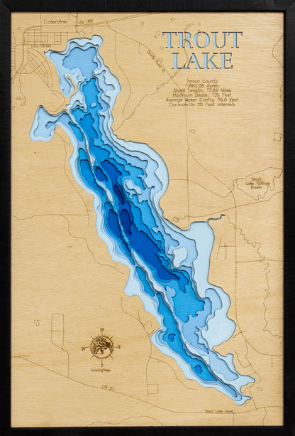 3D Wooden Lake Map of Trout Lake in Itasca County, Minnesota engraved wood map, showcasing accurate topographical features.