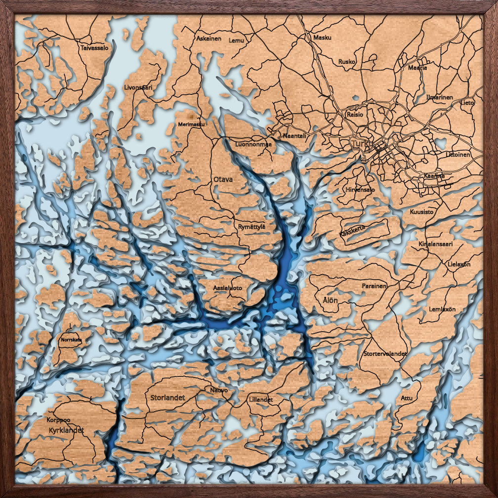 High-definition wooden relief map of Turku Archipelago, handmade for durability.