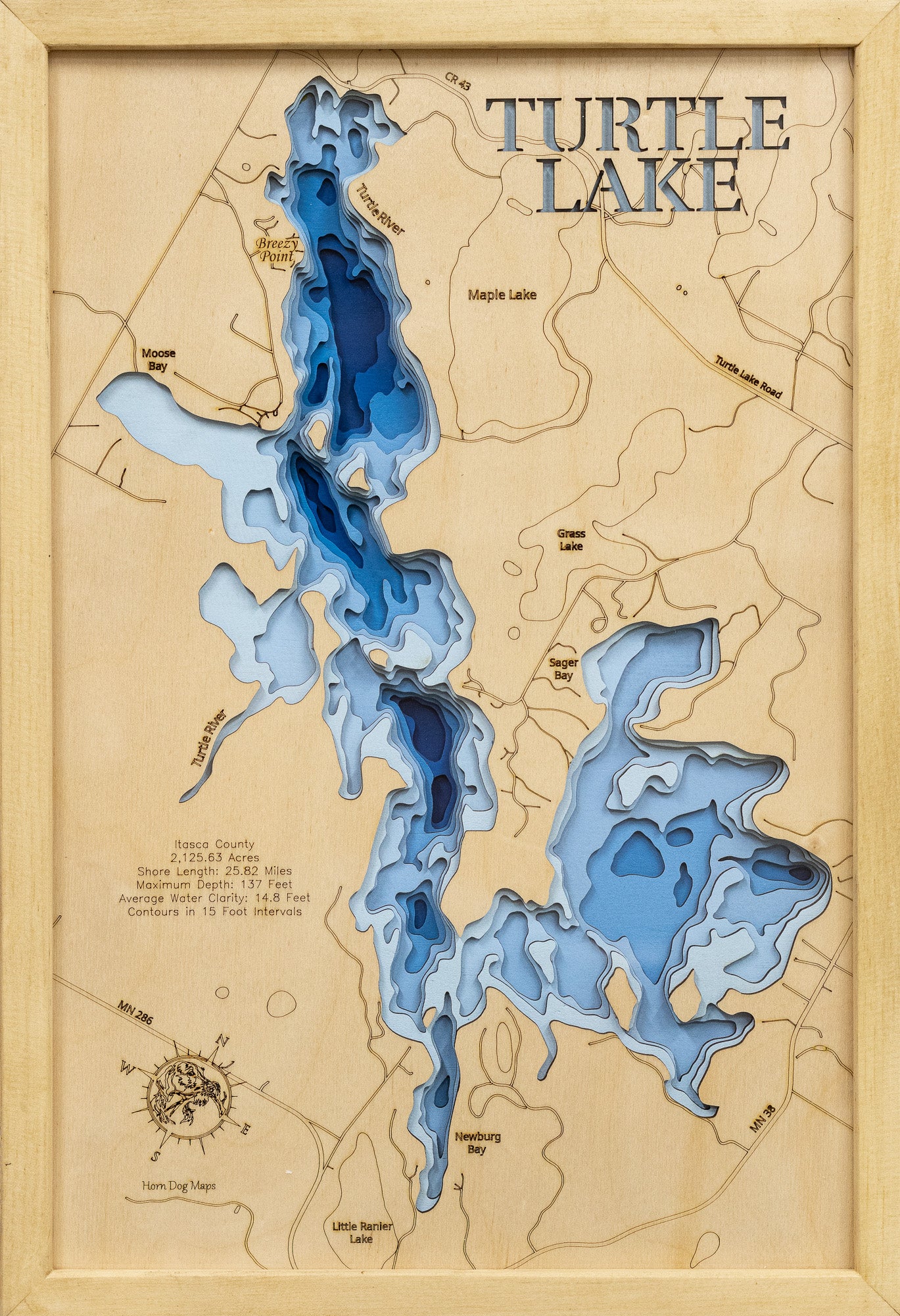 High-definition wooden relief map of Turtle Lake in Itasca County, MN, handmade for durability.