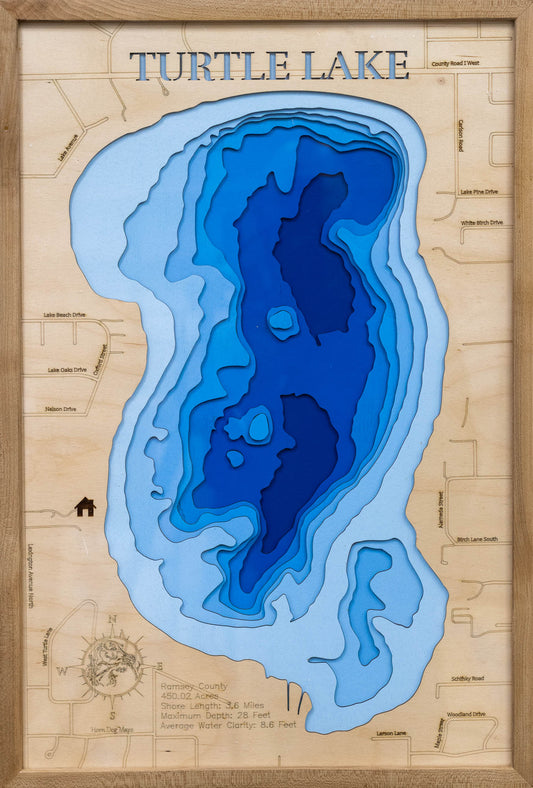 Unique wooden lake map of Turtle Lake in Ramsey County, Minnesota, featuring intricate depth details.