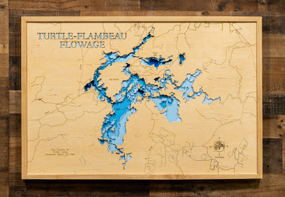 Detailed wooden relief map of Turtle Flambeau Flowage  in Iron County, WI, showcasing its natural beauty.