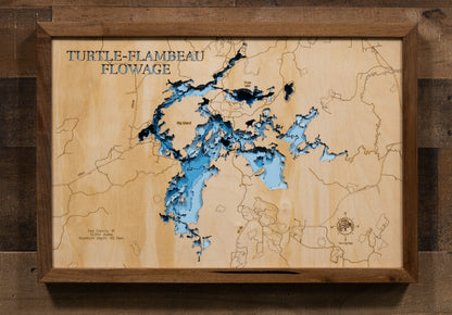 Detailed wooden relief map of Turtle Flambeau Flowage  in Iron County, WI, showcasing its natural beauty.