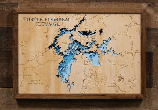 Detailed wooden relief map of Turtle Flambeau Flowage  in Iron County, WI, showcasing its natural beauty.