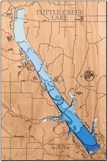 High-definition wooden relief map of Tuttle Creek Lake in Riley and Pottawatomie counties, KS, handmade for durability.