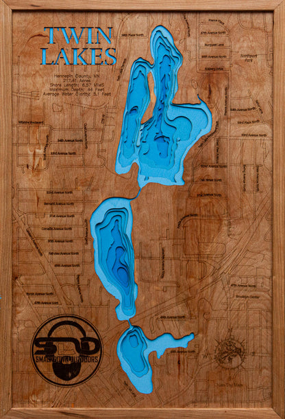 Decorative 3D wooden lake map of 3D Wooden Lake Map of Twin Lakes in Hennepin County, Minnesota, crafted with care.