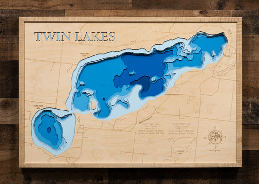 North and South Twin Lakes in Vilas County, WI engraved wood map, showcasing accurate topographical features.