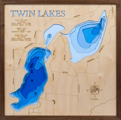 Handcrafted 3D wood map of Twin Lakes in Washburn County, WI, ideal for lake enthusiasts.