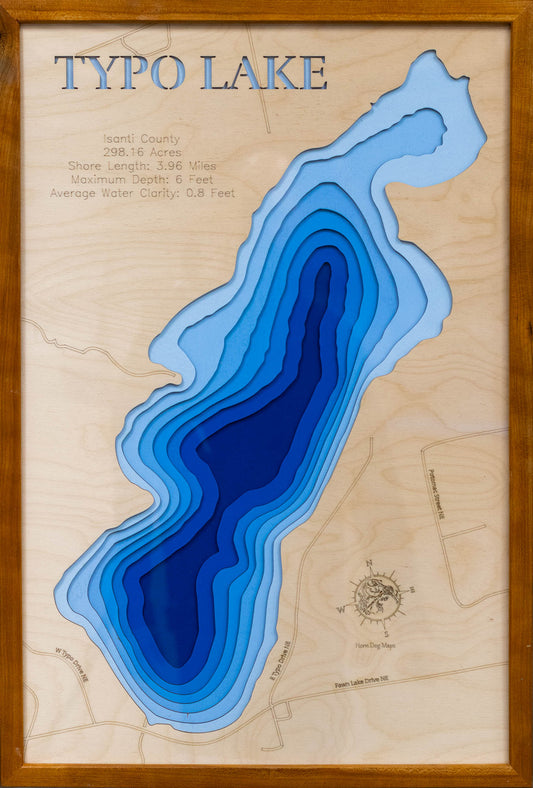 Typo Lake in Isanti County, MN custom 3D wood map, perfect for home decor and gifts.