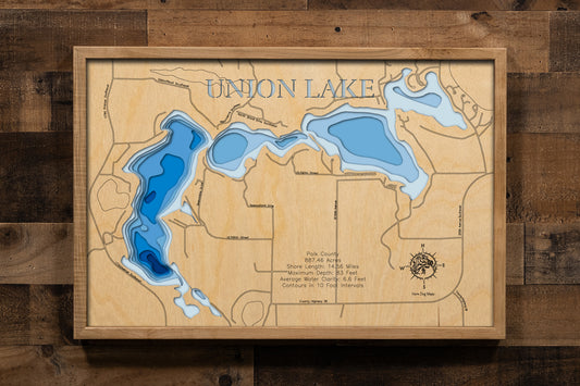 Union Lake in Polk County, MN custom 3D wood map, perfect for home decor and gifts.