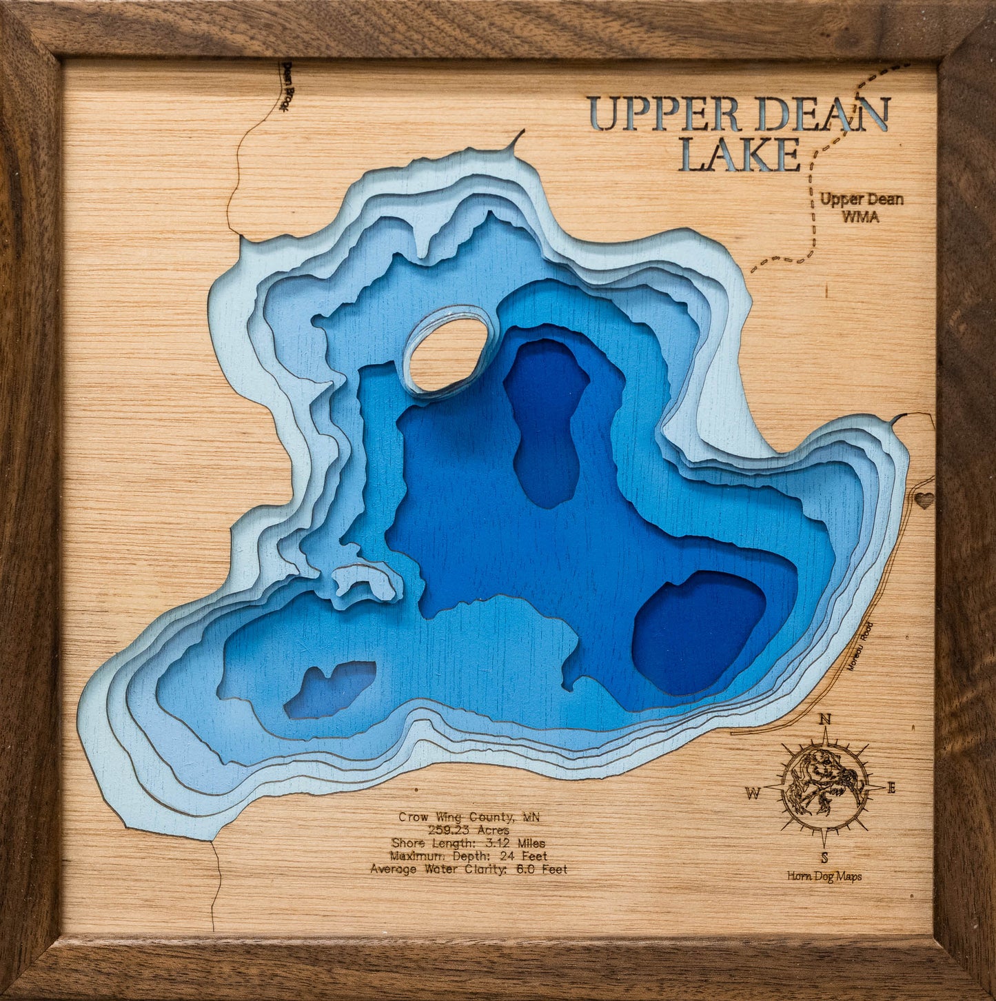 Artisanally carved wooden lake map of Upper Dean Lake in Crow Wing County, MN, highlighting bathymetry.