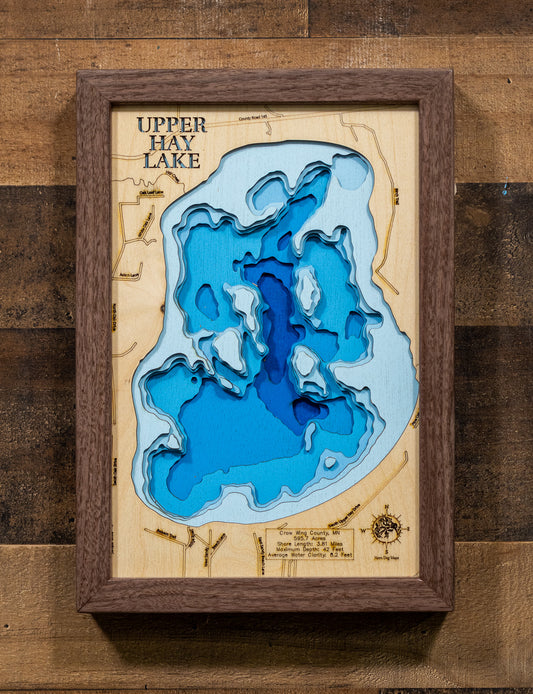 Upper Hay Lake in Crow Wing County, MN custom 3D wood map, perfect for home decor and gifts.