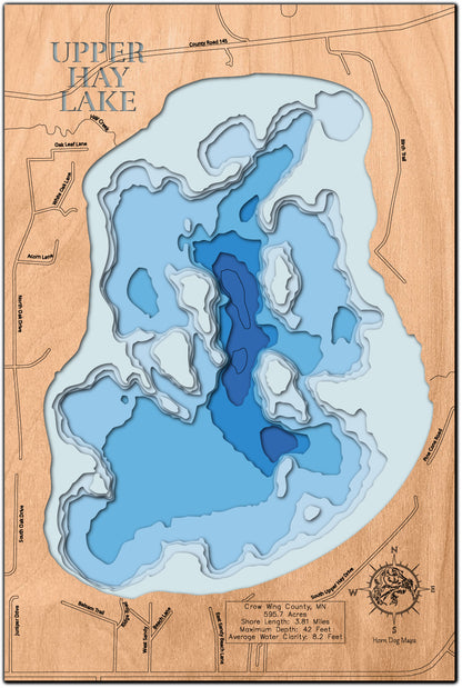 Upper Hay Lake in Crow Wing County, MN custom 3D wood map, perfect for home decor and gifts.