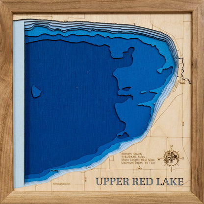 3D wooden lake map of Upper Red Lake in Beltrami County, MN, showcasing detailed depth layers and contours.