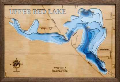 3D wooden lake map of Upper Red Lake in Shawano County, WI, showcasing detailed depth layers and contours.