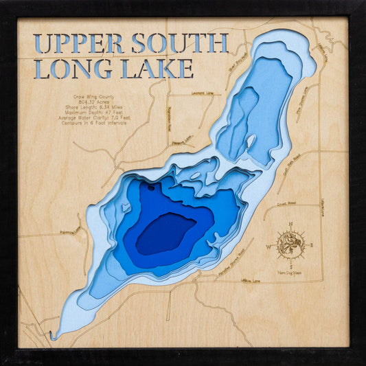 Exquisite wooden map of Upper South Long Lake in Crow Wing County, MN with detailed lakebed features.