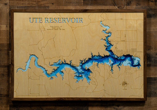 Artisanally carved wooden lake map of Ute Reservoir in Quay County, NM, highlighting bathymetry.