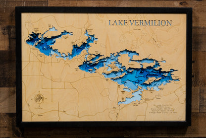 3D wooden lake map of Lake Vermilion in St. Louis County, MN, showcasing detailed depth layers and contours.