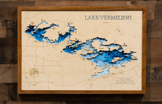 3D wooden lake map of Lake Vermilion in St. Louis County, MN, showcasing detailed depth layers and contours.