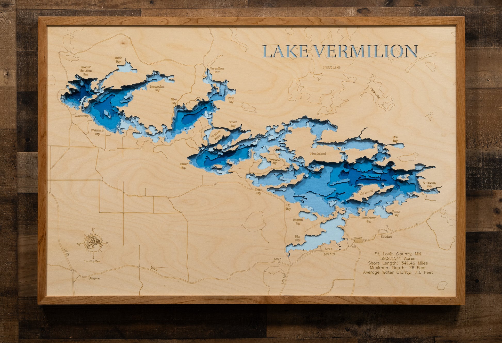 3D wooden lake map of Lake Vermilion in St. Louis County, MN, showcasing detailed depth layers and contours.