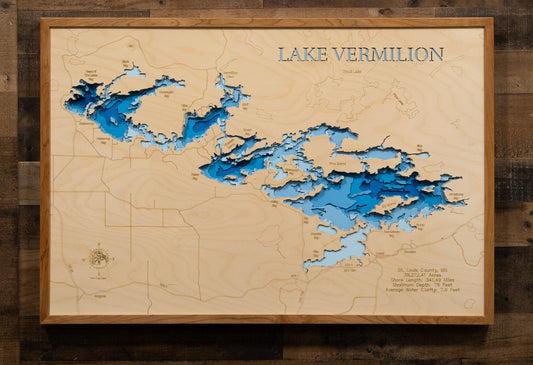 3D wooden lake map of Lake Vermilion in St. Louis County, MN, showcasing detailed depth layers and contours.