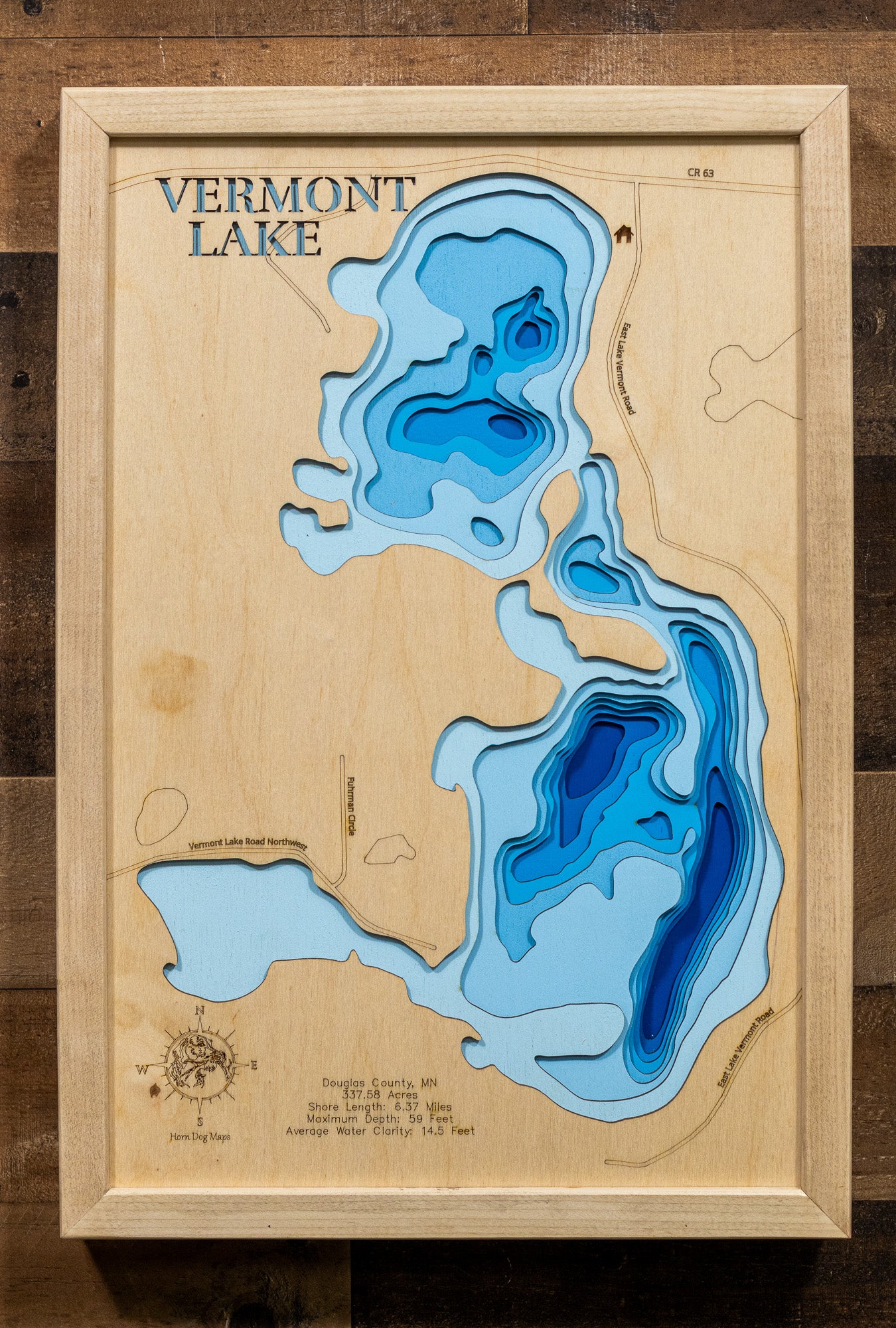 Exquisite wooden map of Vermont Lake in Douglas County, MN with detailed lakebed features.