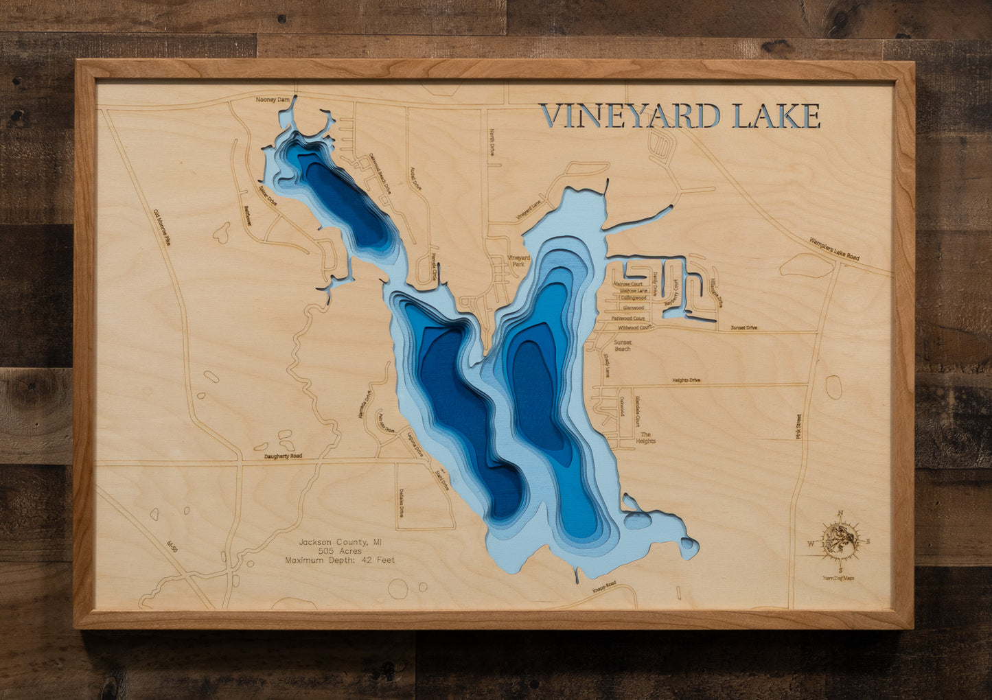 High-definition wooden relief map of Vineyard Lake in Jackson County, MI, handmade for durability.