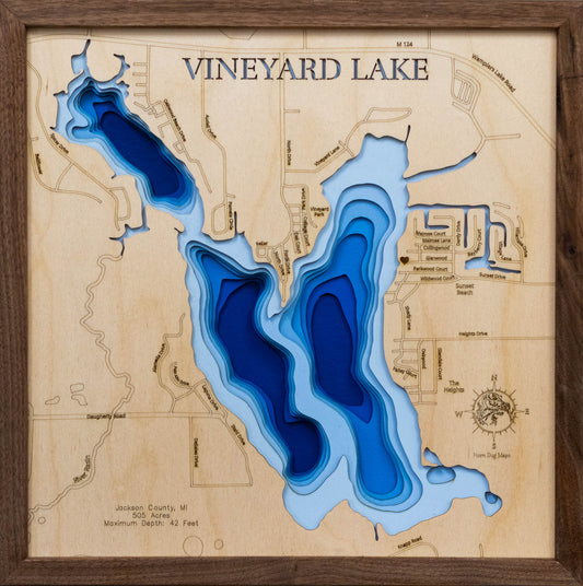 High-definition wooden relief map of Vineyard Lake in Jackson County, MI, handmade for durability.