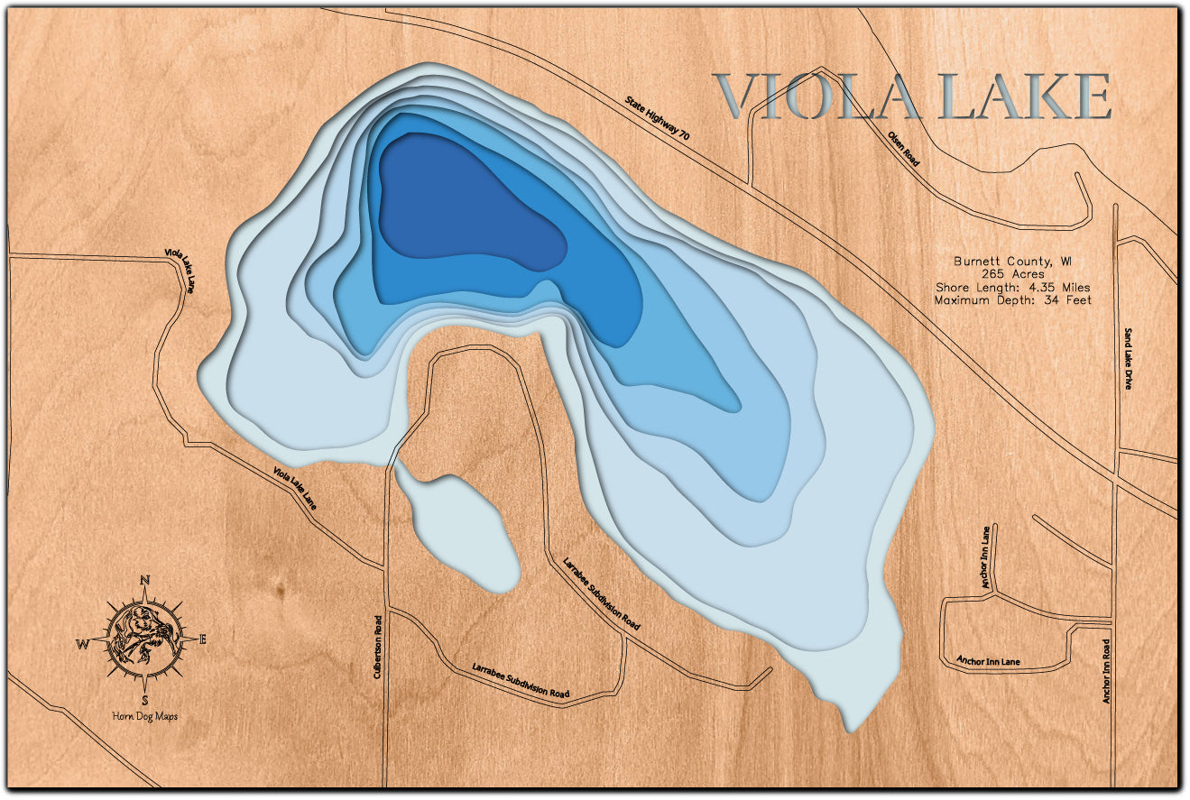 Detailed wooden relief map of Viola Lake in Burnett County, WI, showcasing its natural beauty.