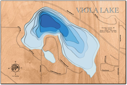 Detailed wooden relief map of Viola Lake in Burnett County, WI, showcasing its natural beauty.