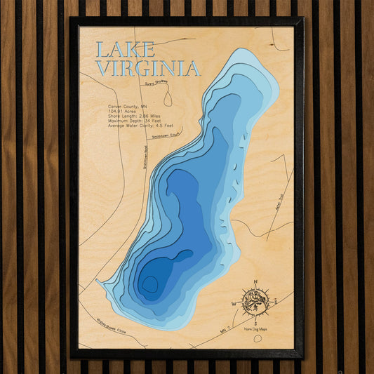 Lake Virginia in Carver County, MN custom 3D wood map, perfect for home decor and gifts.