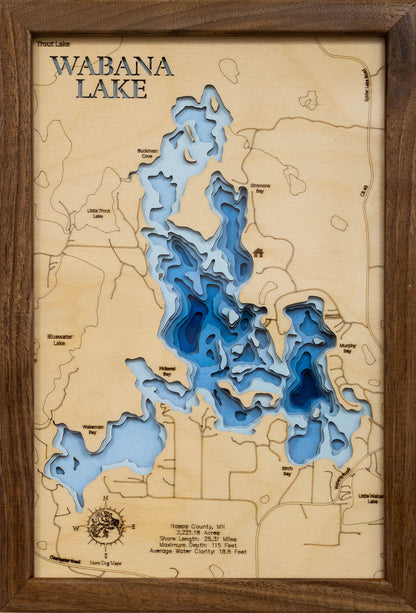 High-definition wooden relief map of Wabana Lake in Itasca County, MN, handmade for durability.