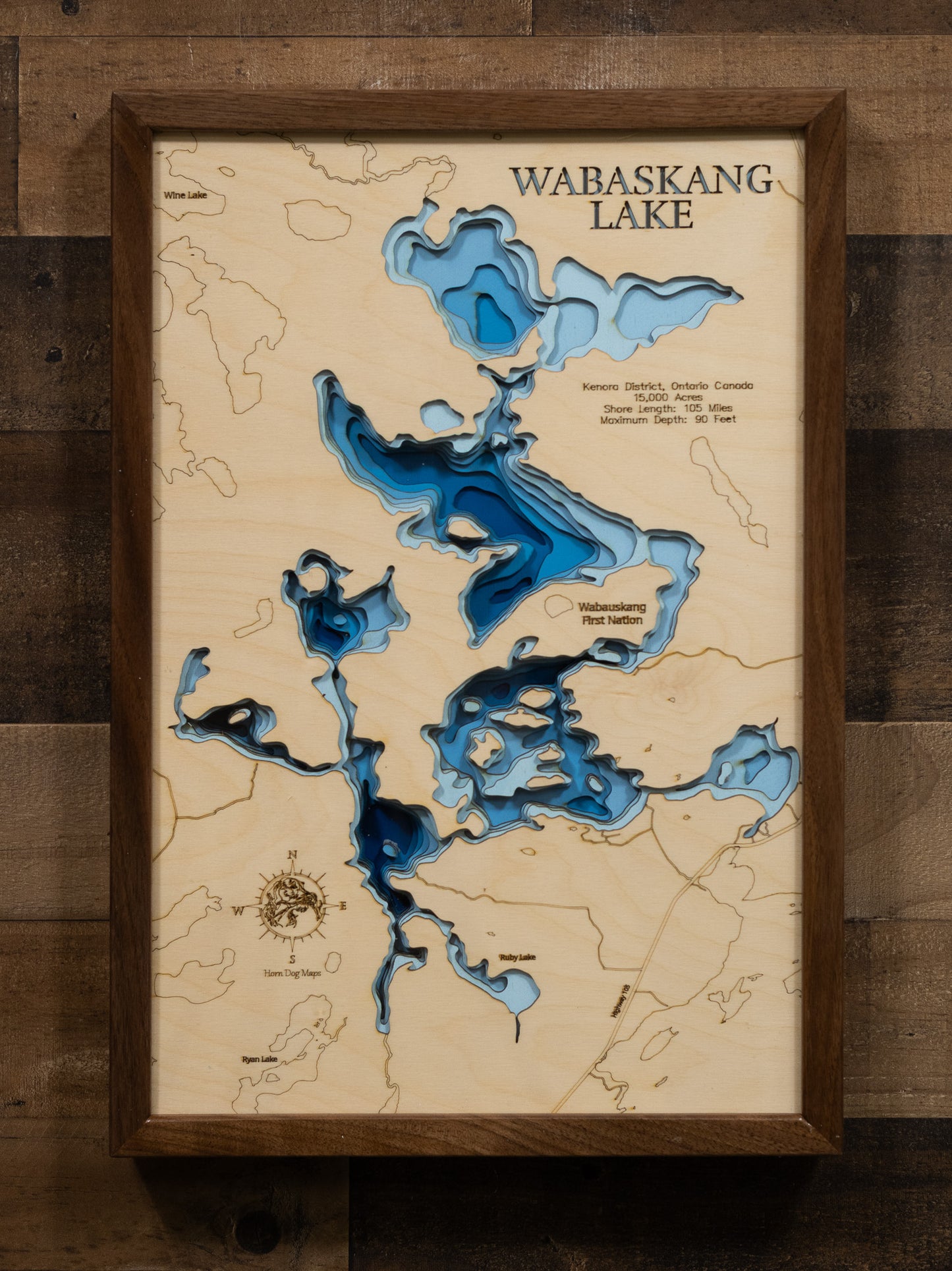 High-definition wooden relief map of Wabaskang Lake in Kenora District, Ontario Canada, handmade for durability.
