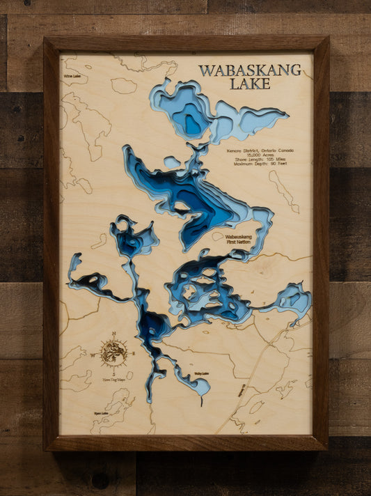 High-definition wooden relief map of Wabaskang Lake in Kenora District, Ontario Canada, handmade for durability.