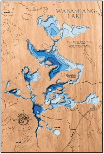 High-definition wooden relief map of Wabaskang Lake in Kenora District, Ontario Canada, handmade for durability.