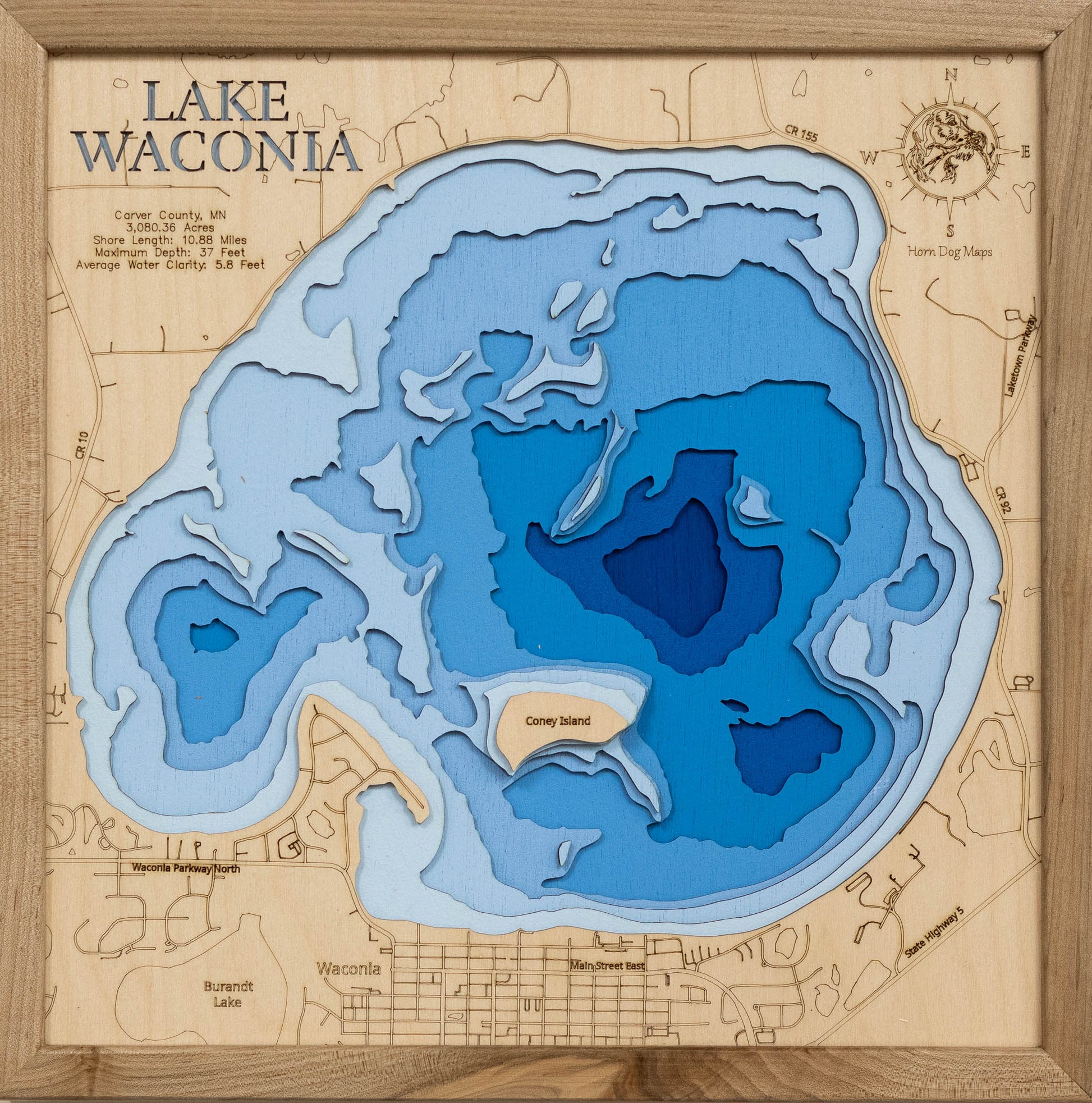 Laser Cut Map of Lake Waconia in Carver County, Minnesota – Horn