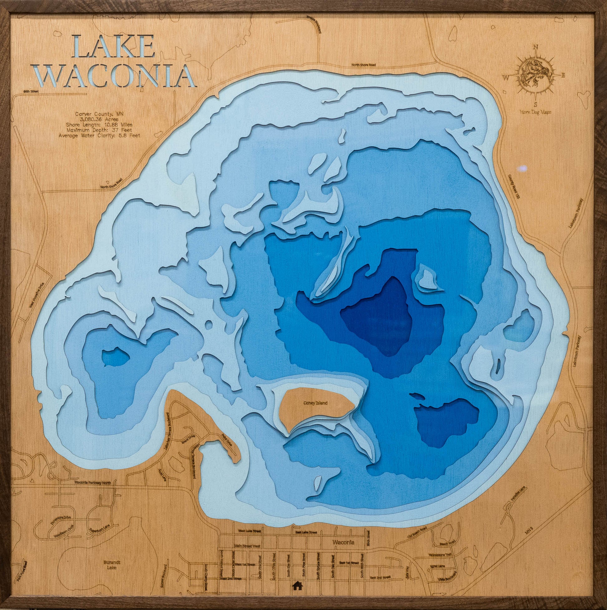 Laser Cut Map of Lake Waconia in Carver County, Minnesota – Horn