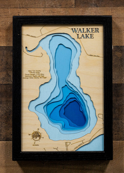 Walker Lake in Otter Tail County, MI 3D depth map, laser cut from high-quality wood.