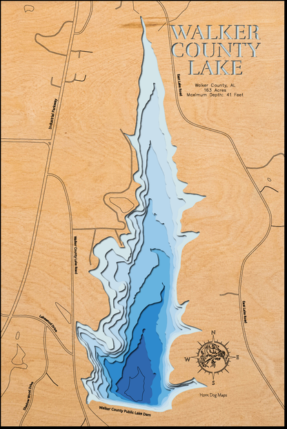 Detailed wooden relief map of Walker County Lake in Walker County, AL, showcasing its natural beauty.