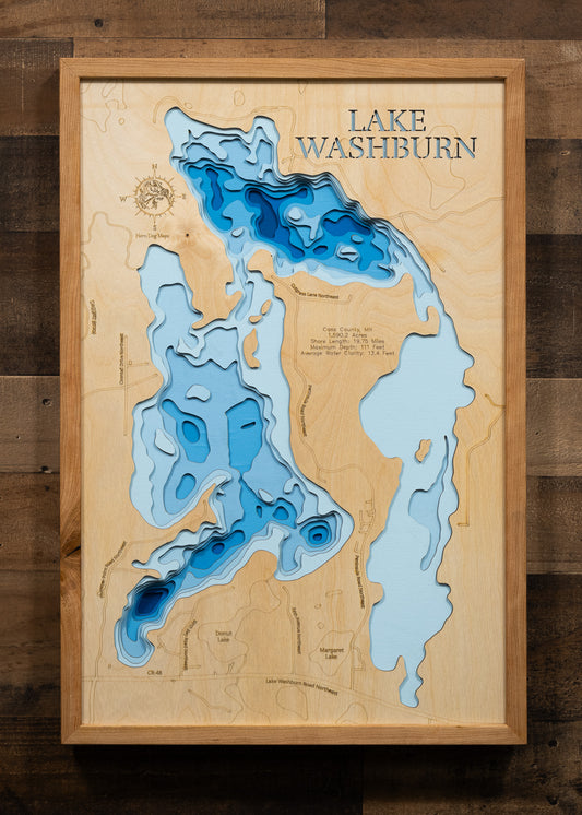 Detailed wooden relief map of Washburn Lake in Cass County, MN, showcasing its natural beauty.