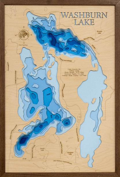 Detailed wooden relief map of Washburn Lake in Cass County, MN, showcasing its natural beauty.