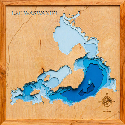 Detailed wooden relief map of Lac Waswanipi in Quebec, Canada, showcasing its natural beauty.