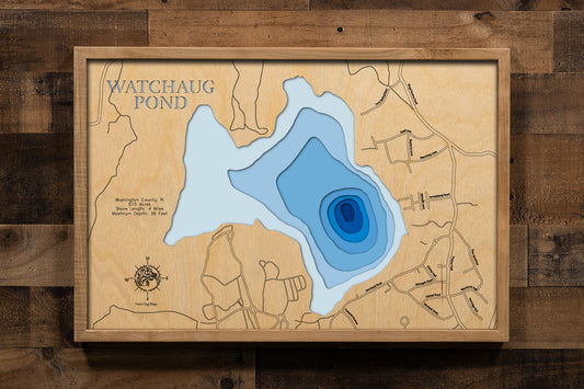 A masterfully crafted, multi-layered laser-cut wooden topographic map of Watchaug Lake in Washington County, Rhode Island. The detailed design captures the 573-acre kettle pond's distinctive glacial formation, eight-foot average depth with 36-foot maximum depth areas, the winding four miles of shoreline through Burlingame State Park, and the surrounding 3,100 acres of protected woodland.