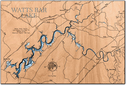 Watts Bar Lake in Meigs, Rhea, Roane,&nbsp;and Loudon Counties, TN engraved wood map, showcasing accurate topographical features.