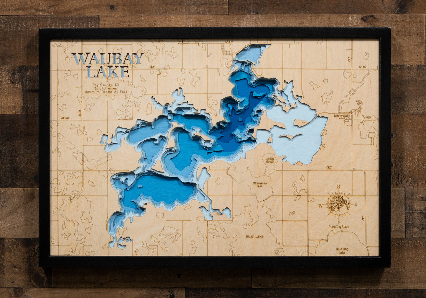 Precision-cut wooden map of Waubay Lake in Day County, SD, perfect for unique decor.