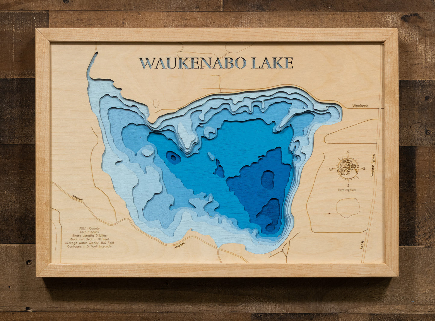 3d Lake Map of Waukenabo Lake in Aitkin County, MN 3D depth map, laser cut from high-quality wood.