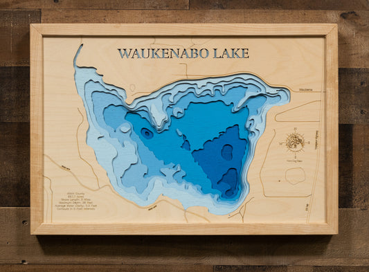 3d Lake Map of Waukenabo Lake in Aitkin County, MN 3D depth map, laser cut from high-quality wood.