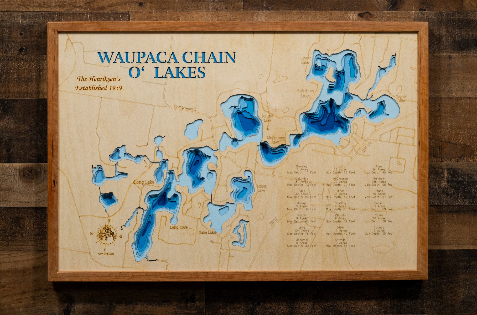 Waupaca Chain O' Lakes in Waupaca County, WI - 3D Wood Maps – Horn