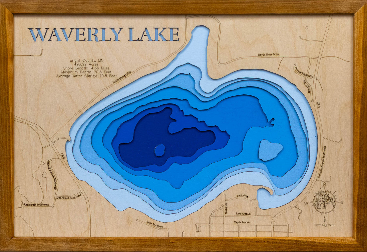 Waverly Lake in Wright County, MN in stunning 3D wood map design, with detailed topography.